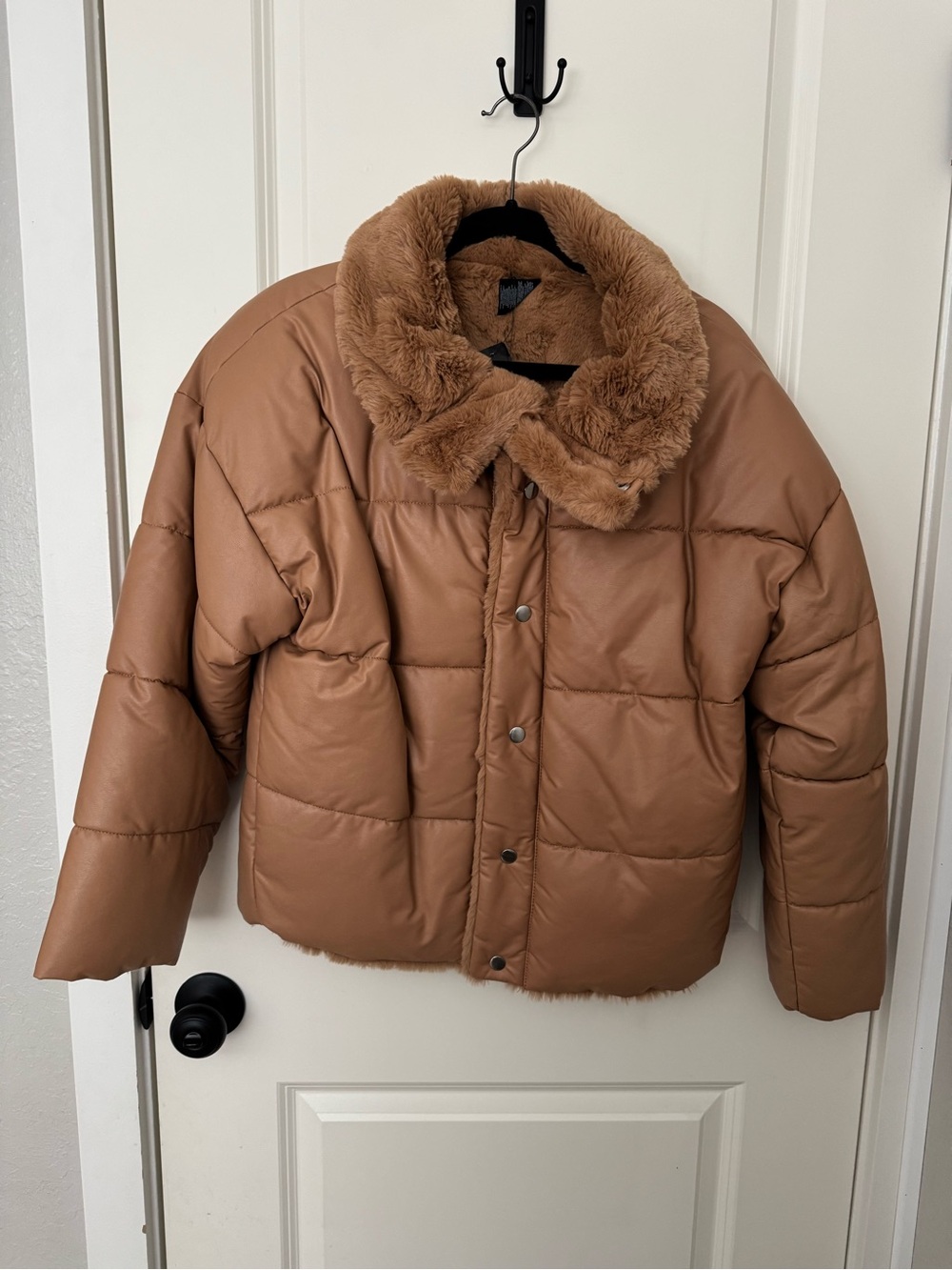 Express Tan Faux Leather Puffer Jacket with Faux Fur Collar